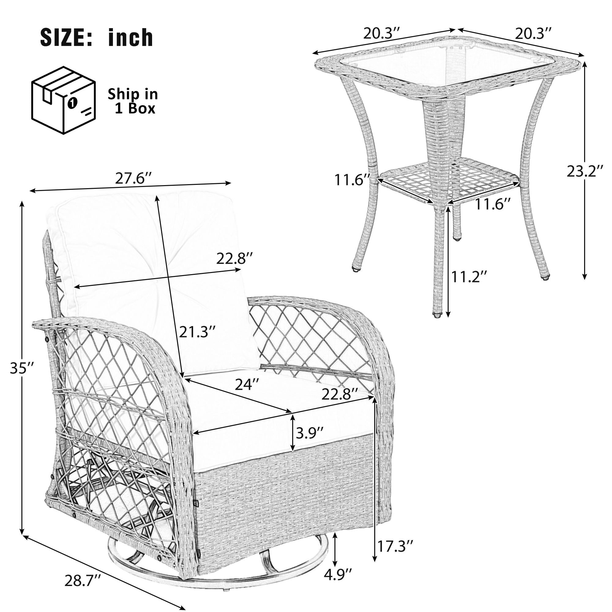 3 Piece Outdoor Chair &amp; Table Set Chat Set, 2 Person Rattan Seating Group