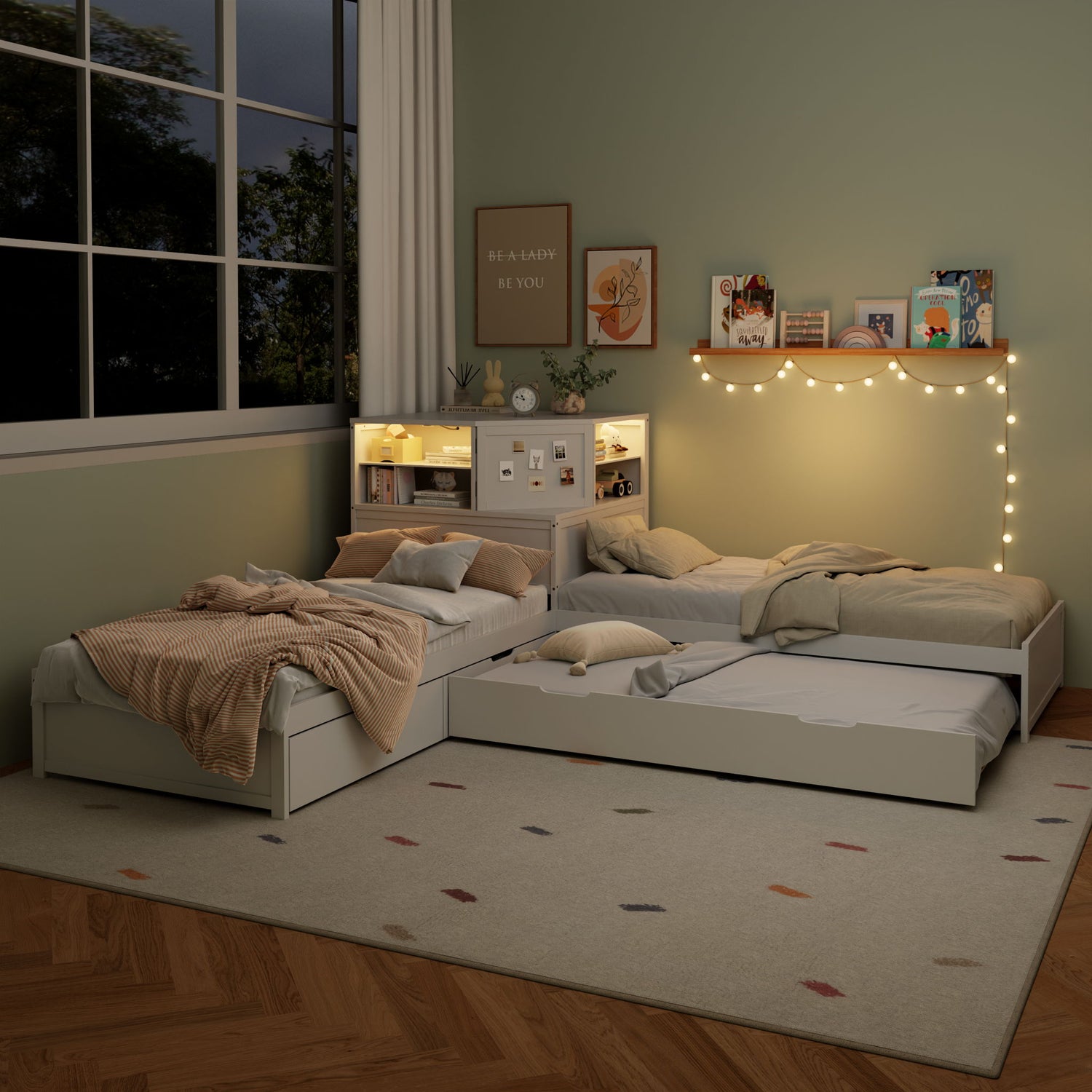 L-Shaped Bed Frame With Trundle, Built In Desk &amp; LED Lighting