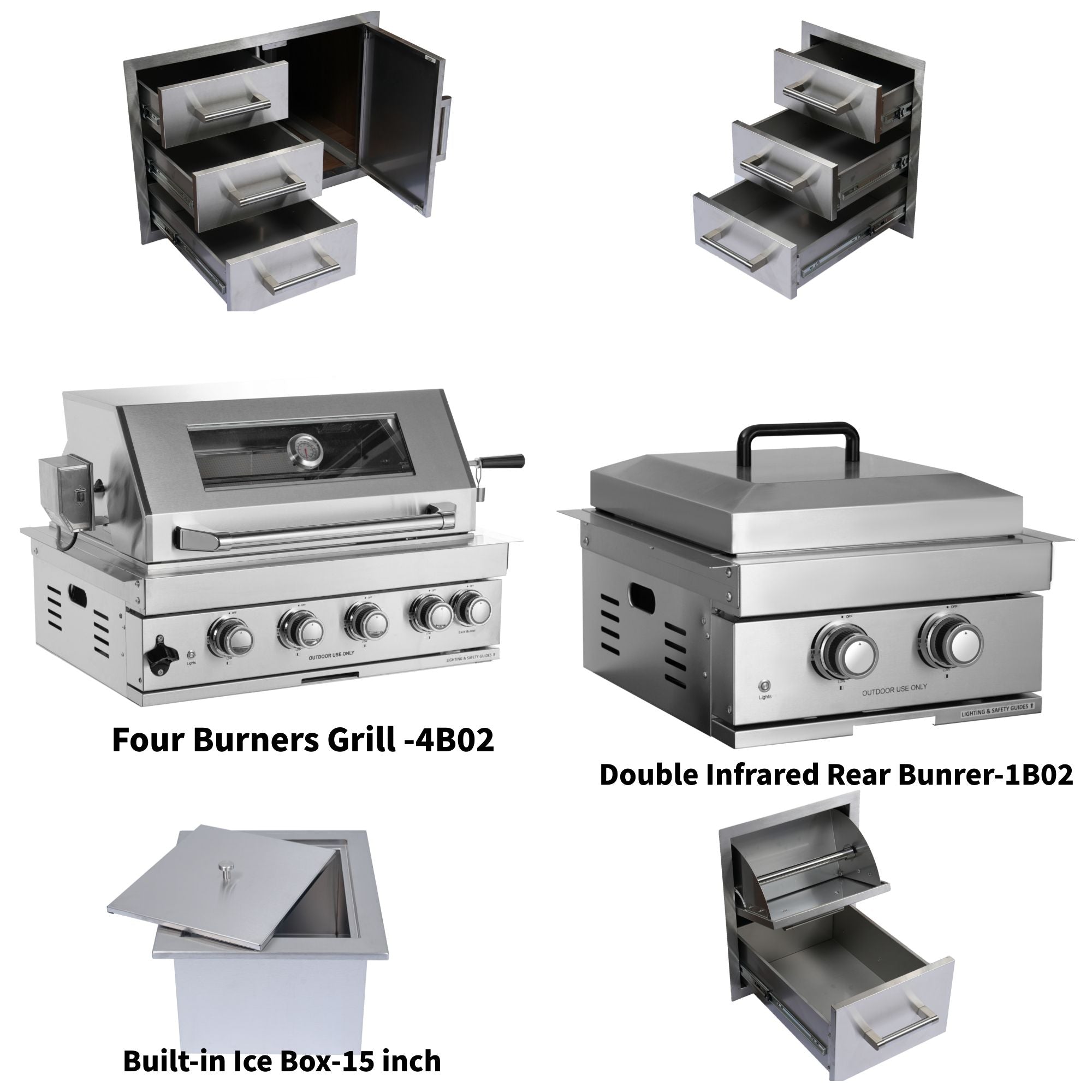 Built-In Outdoor Kitchen LPG Gas Grill 60000 Btu, Drop-In Ice Box With BBQ Tool Set - Silver