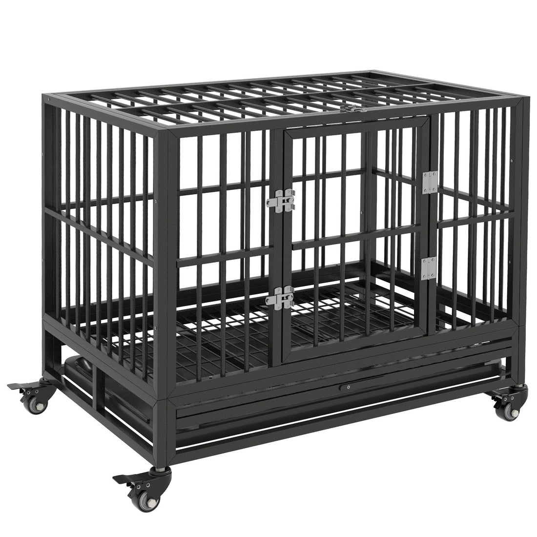 Pawhut - 36&quot; Heavy Duty Dog Crate Metal Cage Kennel With Lockable Wheels, Double Door And Removable Tray - Gray