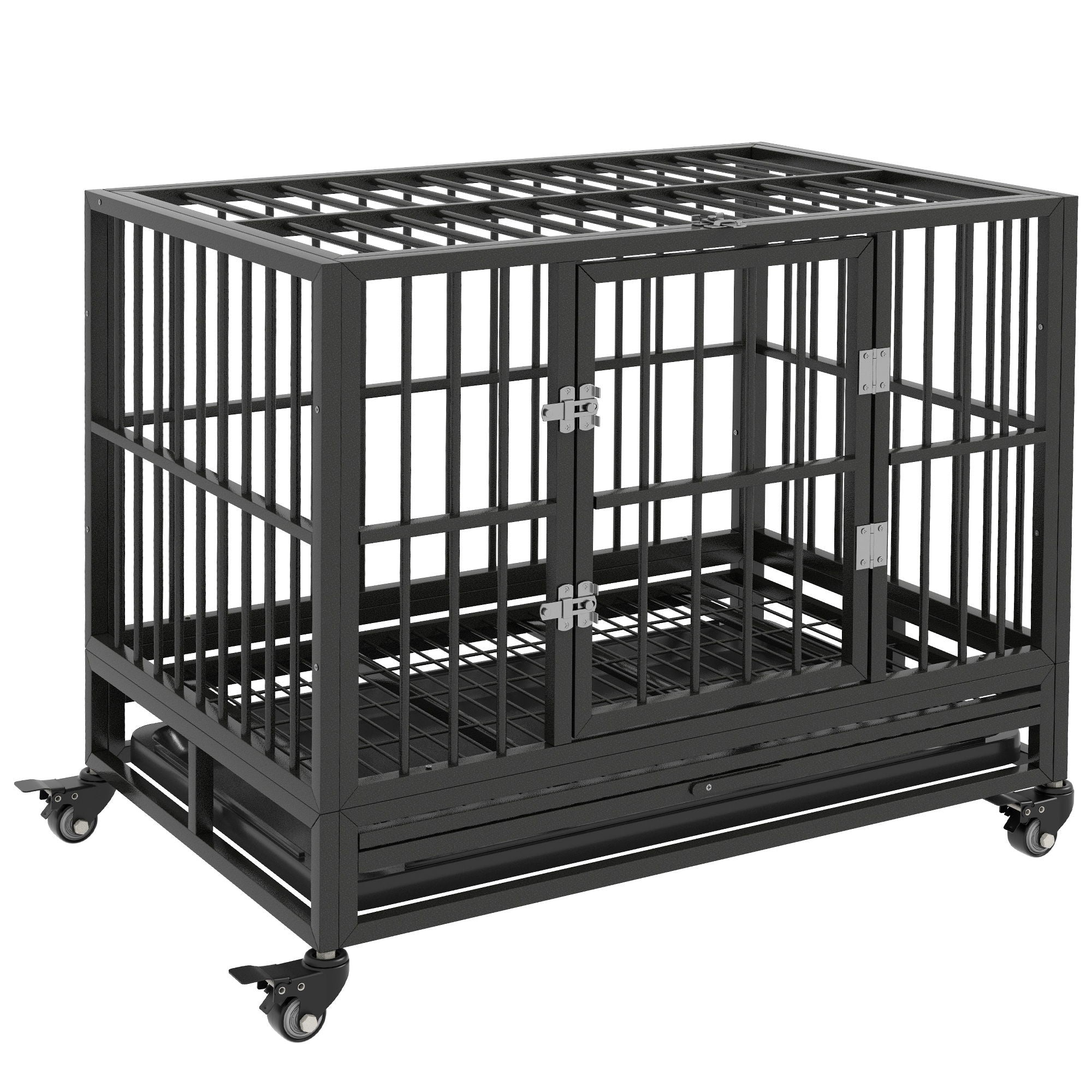 Pawhut - 36&quot; Heavy Duty Dog Crate Metal Cage Kennel With Lockable Wheels, Double Door And Removable Tray - Gray