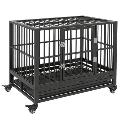Pawhut - 36&quot; Heavy Duty Dog Crate Metal Cage Kennel With Lockable Wheels, Double Door And Removable Tray - Gray