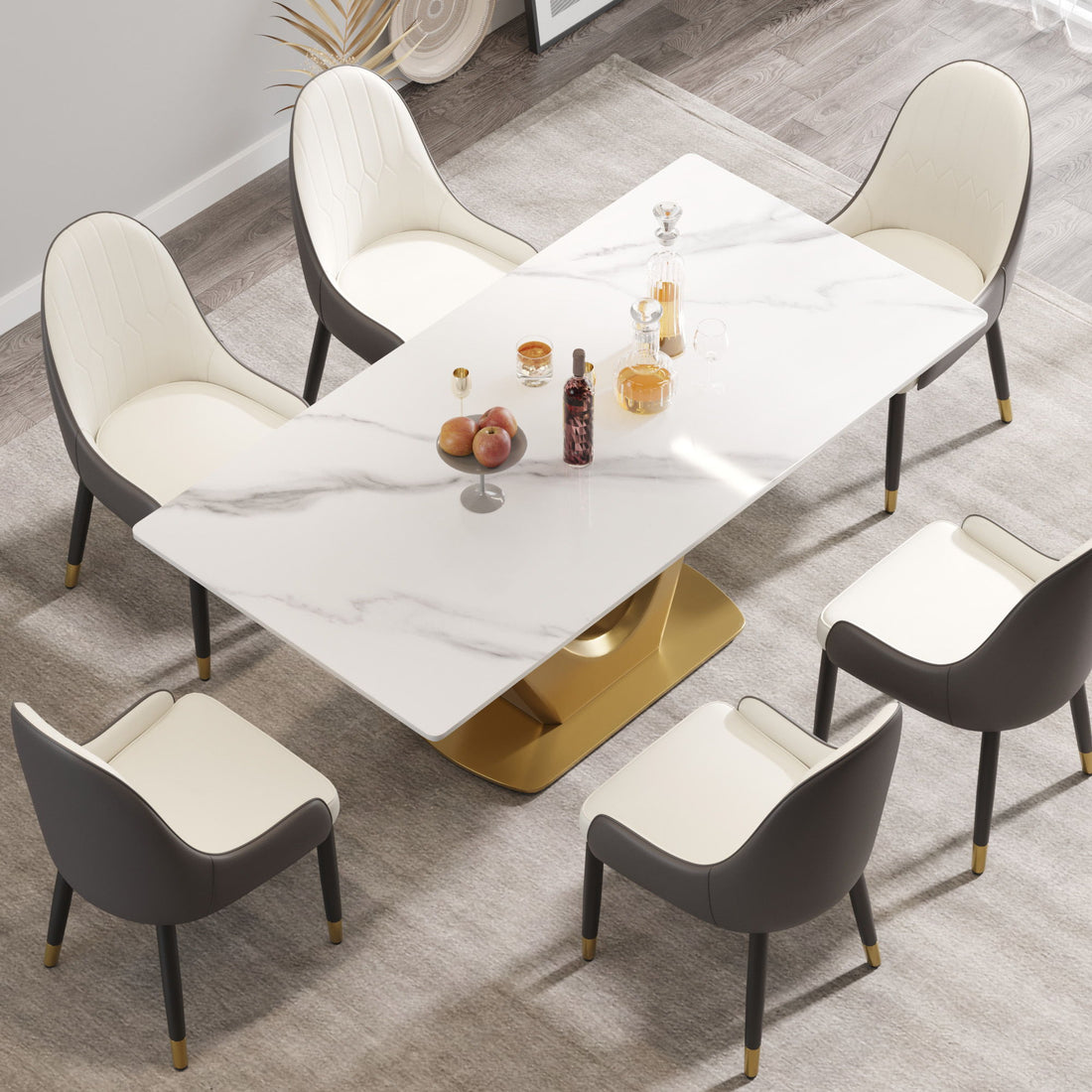 70.84&quot; Modern Artificial Stone Panel V-Shaped Metal Legs, Can Accommodate 6-8 People - White / Gold