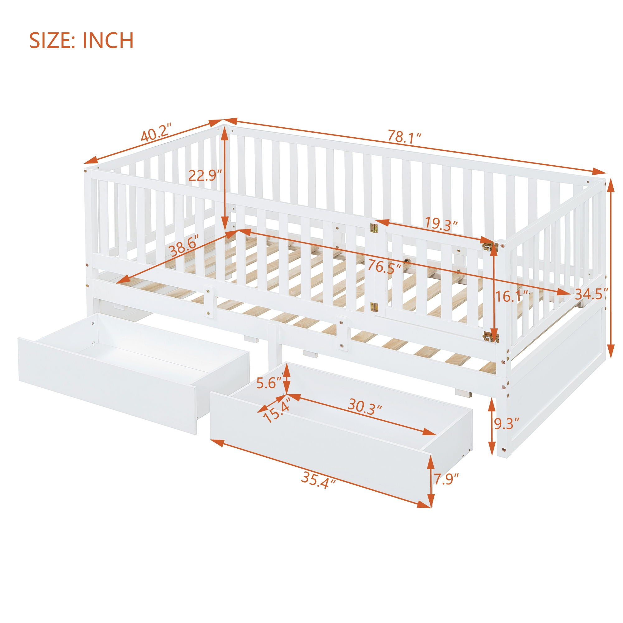 Daybed With Fence Guardrails And 2 Drawers, Split Into Independent Floor Bed &amp; Daybed