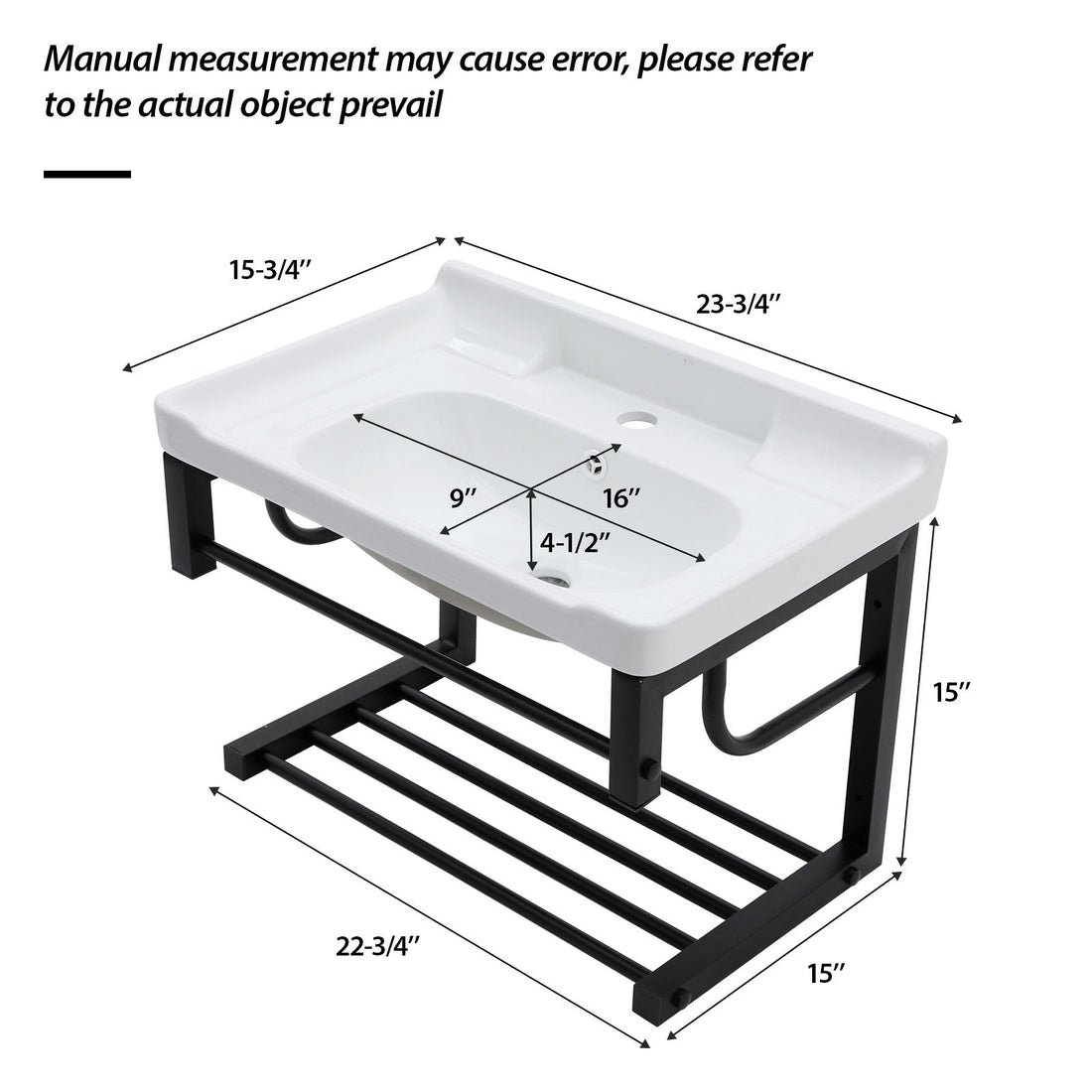 Wall Mounted Rectangular Bathroom Sink With Towel Bar &amp; Overflow - White