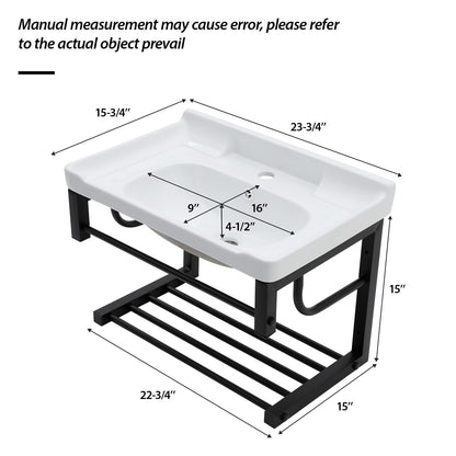 Wall Mounted Rectangular Bathroom Sink With Towel Bar &amp; Overflow - White