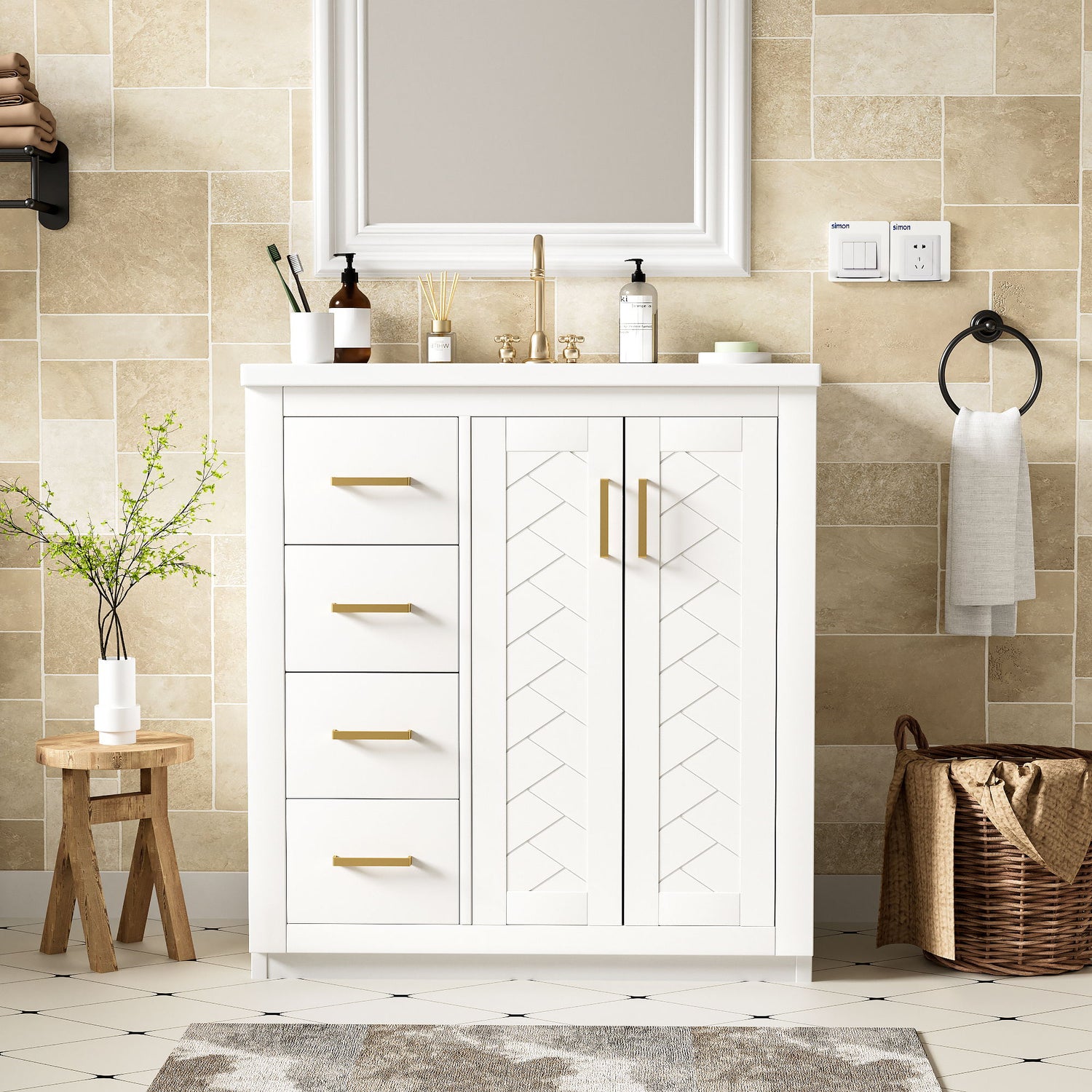 Ceramic Sink Combo, Freestanding Vanity Set With 3 Drawers &amp; Soft Closing Doors