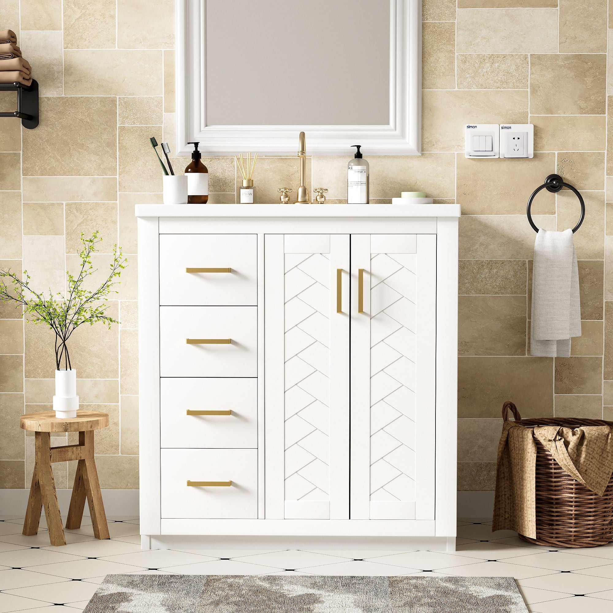 Ceramic Sink Combo, Freestanding Vanity Set With 3 Drawers &amp; Soft Closing Doors