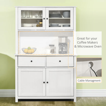 Homcom - 63.5&quot; Kitchen Buffet With Hutch, Pantry Storage Cabinet With 4 Shelves, Drawers, Framed Glass Doors, Open Microwave Countertop - Antique White