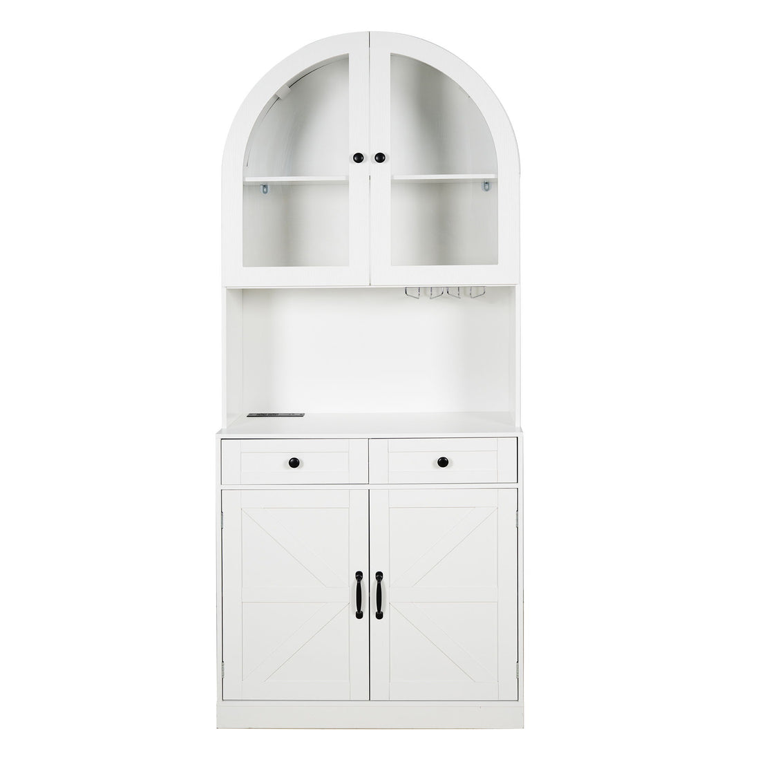 Tall Arched Pantry Cabinet With Charging Station, Adjustable Shelves, Coffee Bar