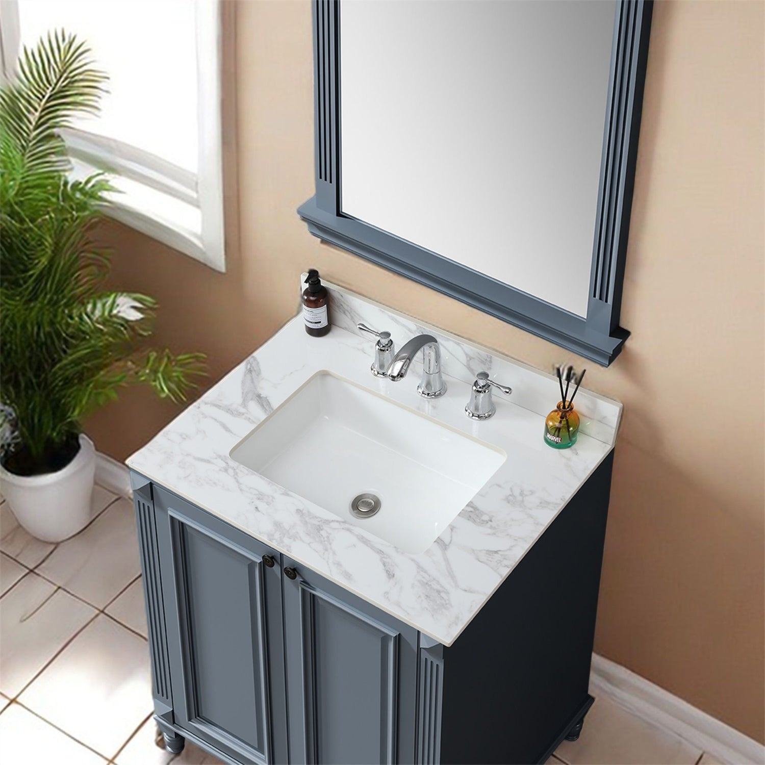 Elegant Sintered Stone Bathroom Vanity Top With Rectangular Undermount Ceramic Sink