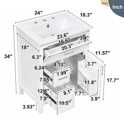 Modern Bathroom Vanity With Sink, Flip Drawer &amp; 2 Drawers, Soft Close Hinges, Adjustable Shelf
