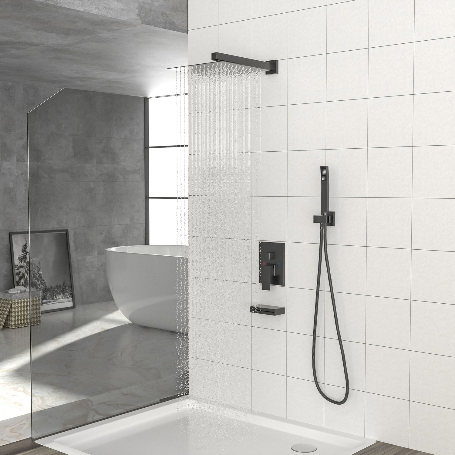 12&quot; Ceiling Mount Square Shower System With Waterfall Tub Spout And Handheld Shower