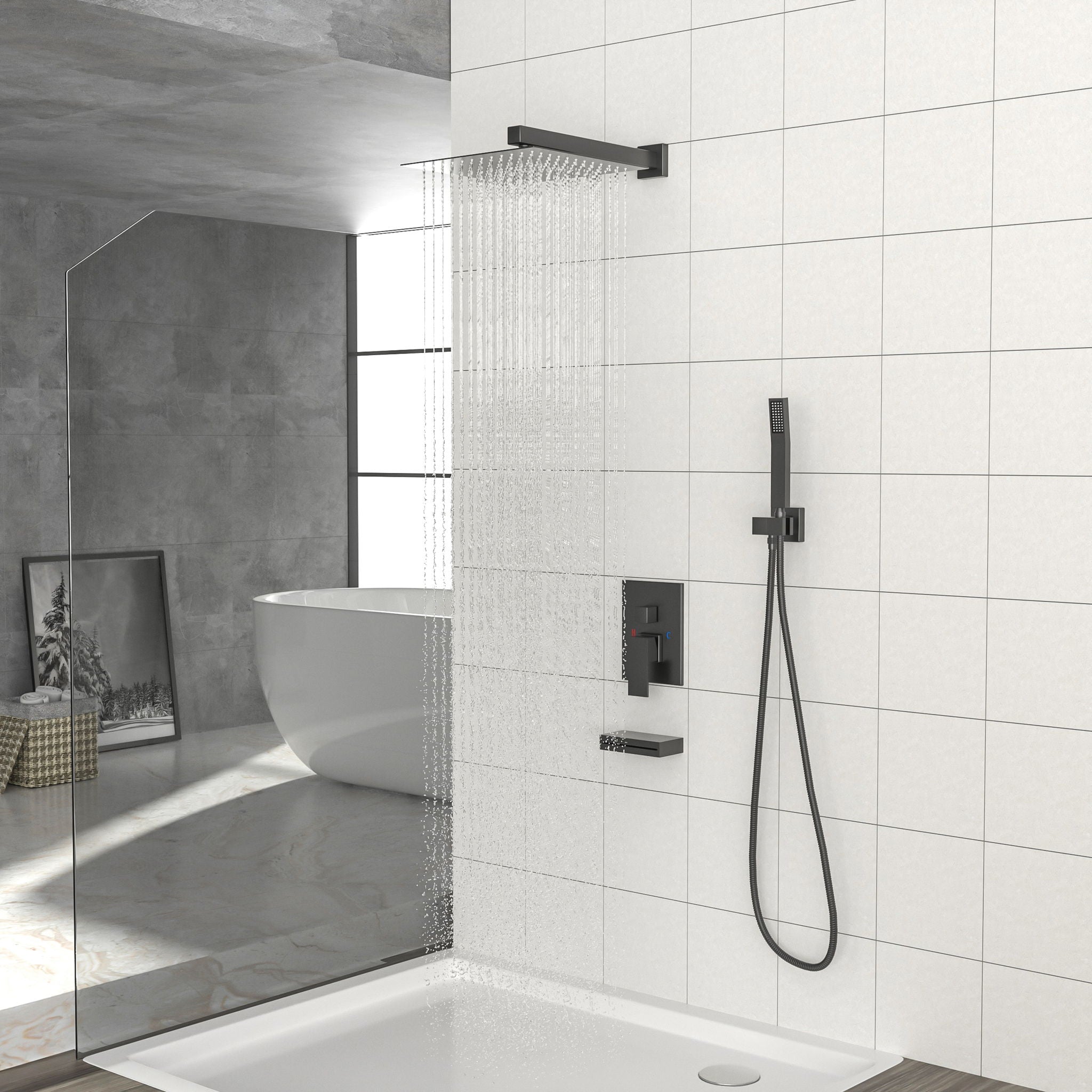 12&quot; Ceiling Mount Square Shower System With Waterfall Tub Spout And Handheld Shower