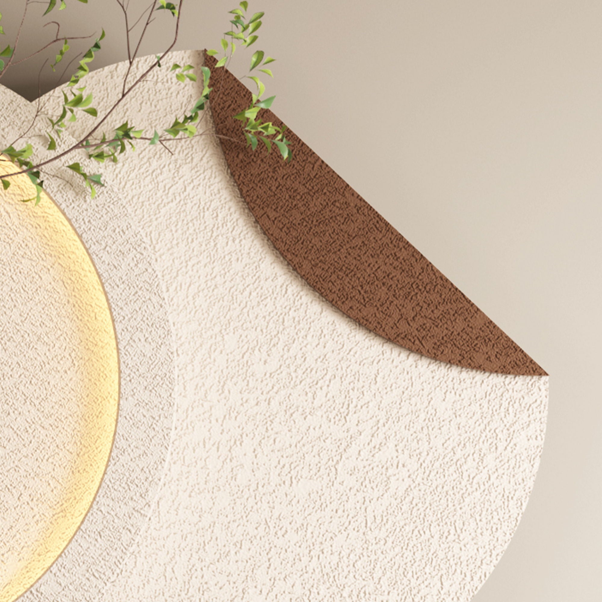Adjustable 3 Color LED Sandstone Double Disc Wall Art With Simulated Greenery, Vase &amp; Rabbit Statue - Light Coffee