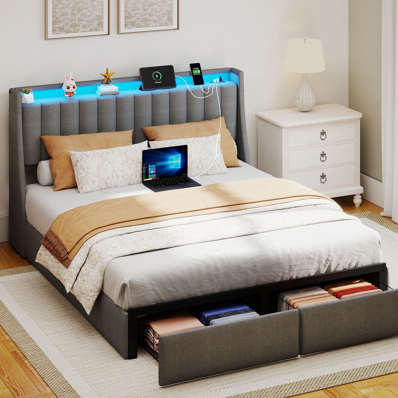 Upholstered Platform Bed Frame With RGB LED Lights, Charging Station &amp; 2 Underbed Drawers