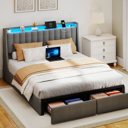 Upholstered Platform Bed Frame With RGB LED Lights, Charging Station &amp; 2 Underbed Drawers