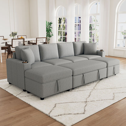Sectional Sofa Convertible Pull-Out Bed With Storage Ottoman &amp; USB Ports