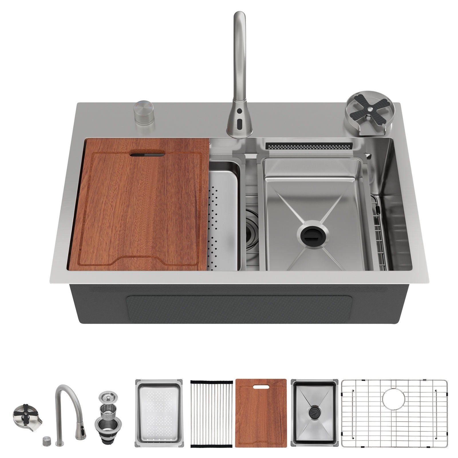 Drop In Waterfall Kitchen Sink With Pull Out Faucet &amp; Cup Washer