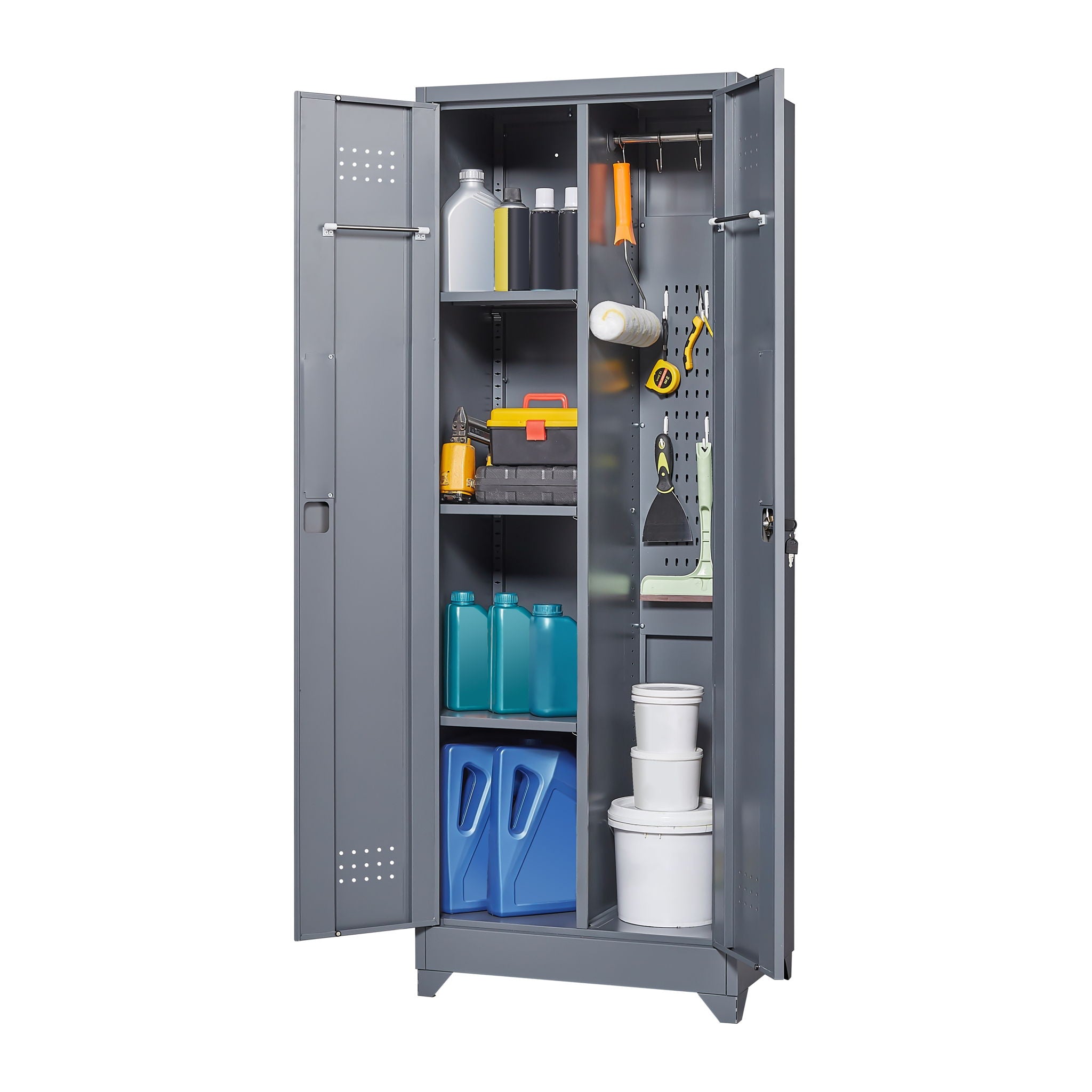 Heavy Duty Storage Cabinet With Locking Doors, Hanging Rod &amp; Shelves, Broom Closet - Gray