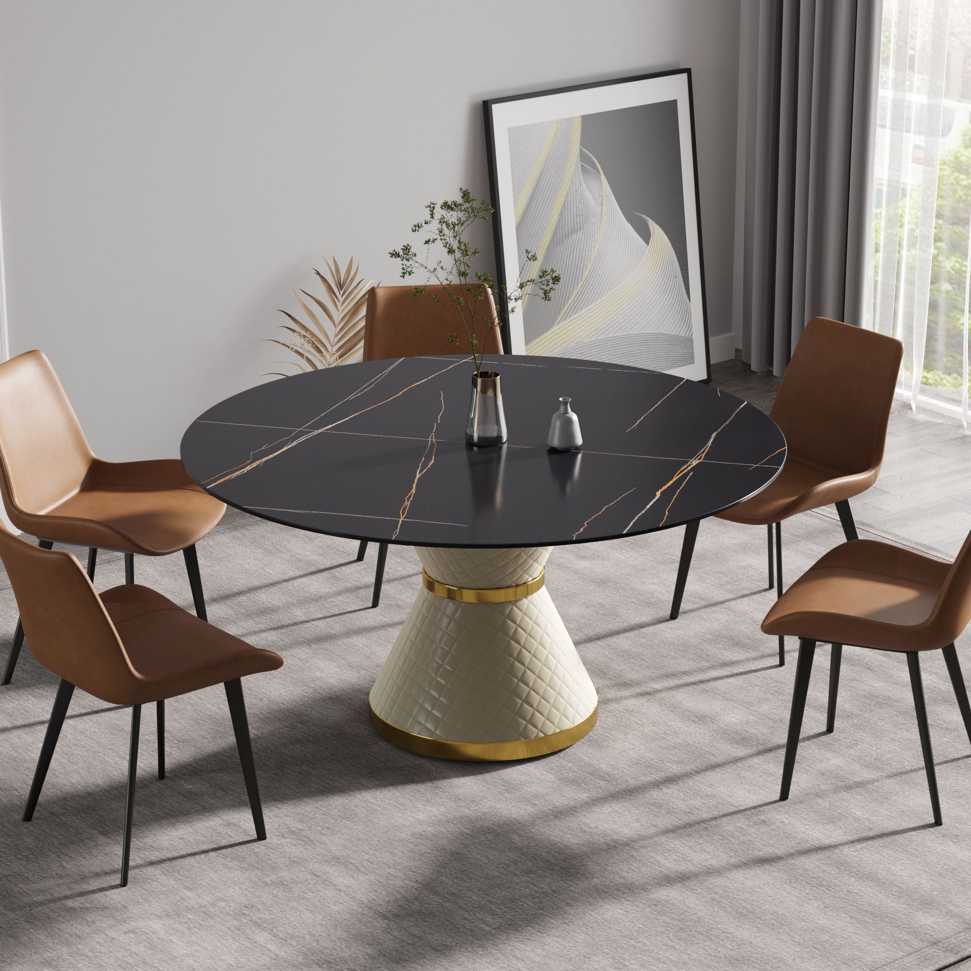 59.05&quot; Modern Artificial Stone Round Carbon Steel Base Dining Table, Can Accommodate 6 People - Black / White