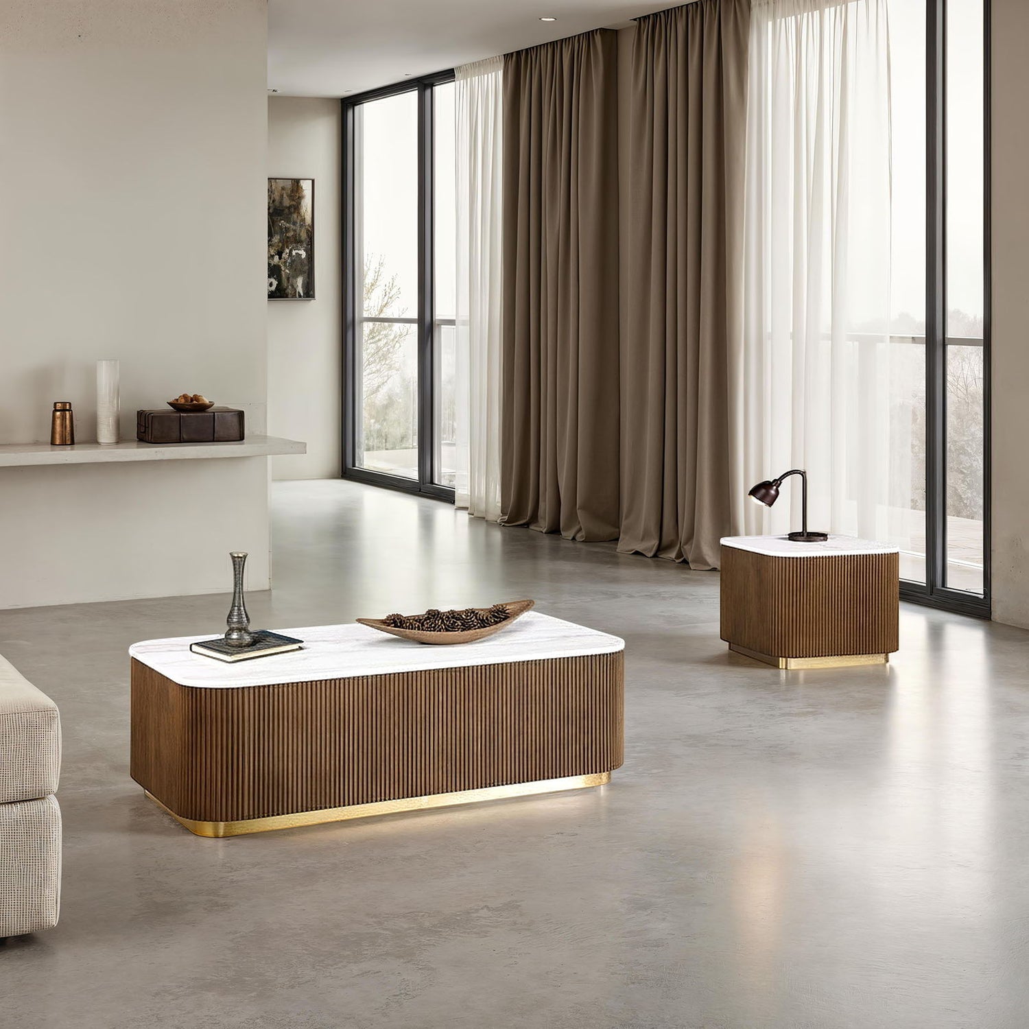 3 Piece Table Set (Rectangle Cocktail Table And Two Square End Tables) - Brown / Gold / White