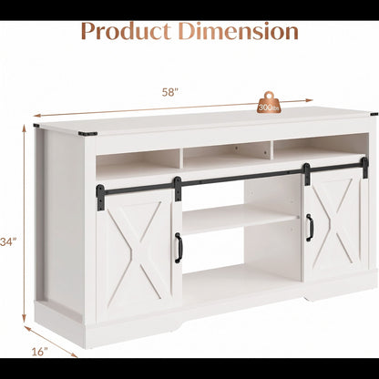 Farmhouse TV Stand With Sliding Barn Doors &amp; Adjustable Storage