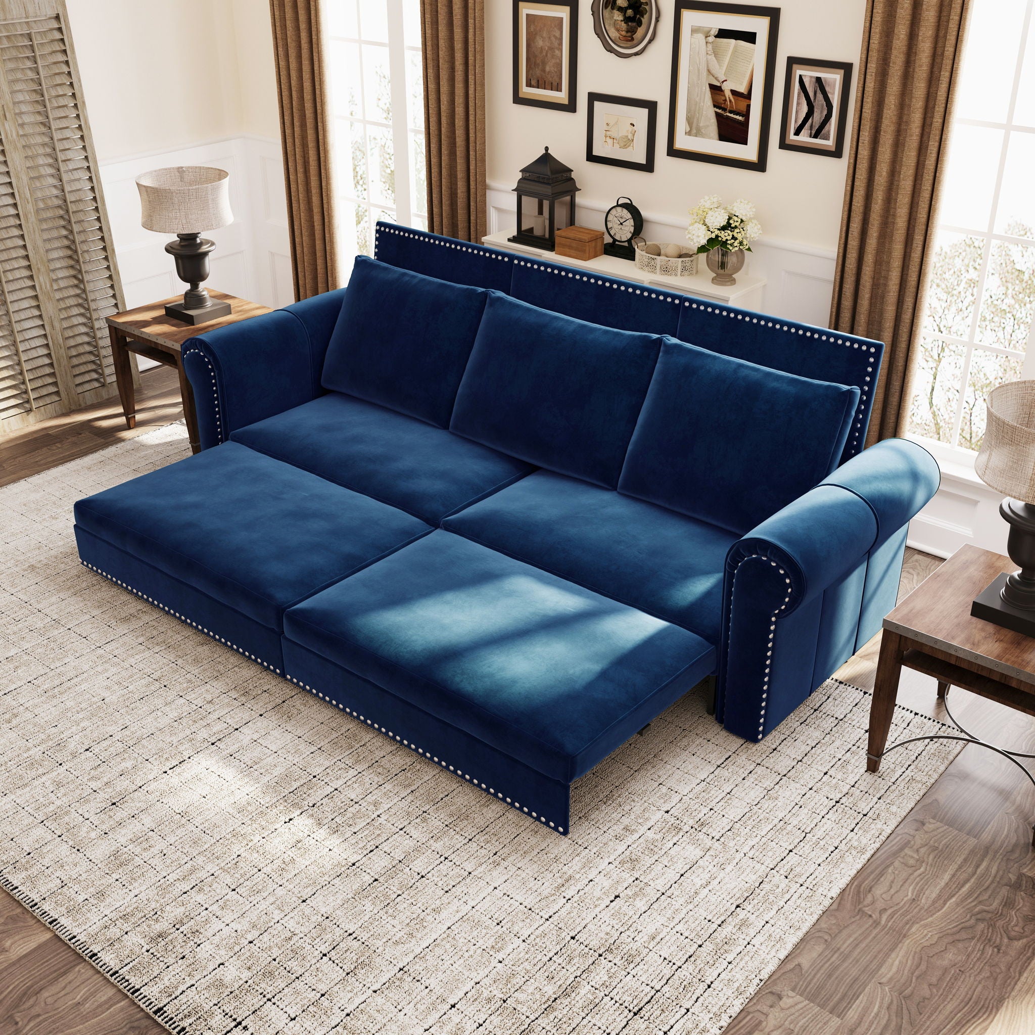 3 In 1 Convertible Sleeper Sofa With Nailhead Trim &amp; Rolled Arm