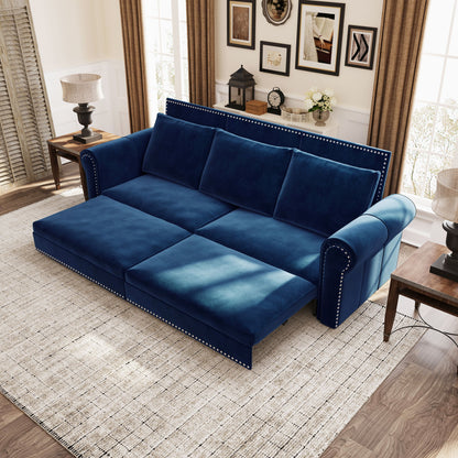 3 In 1 Convertible Sleeper Sofa With Nailhead Trim &amp; Rolled Arm
