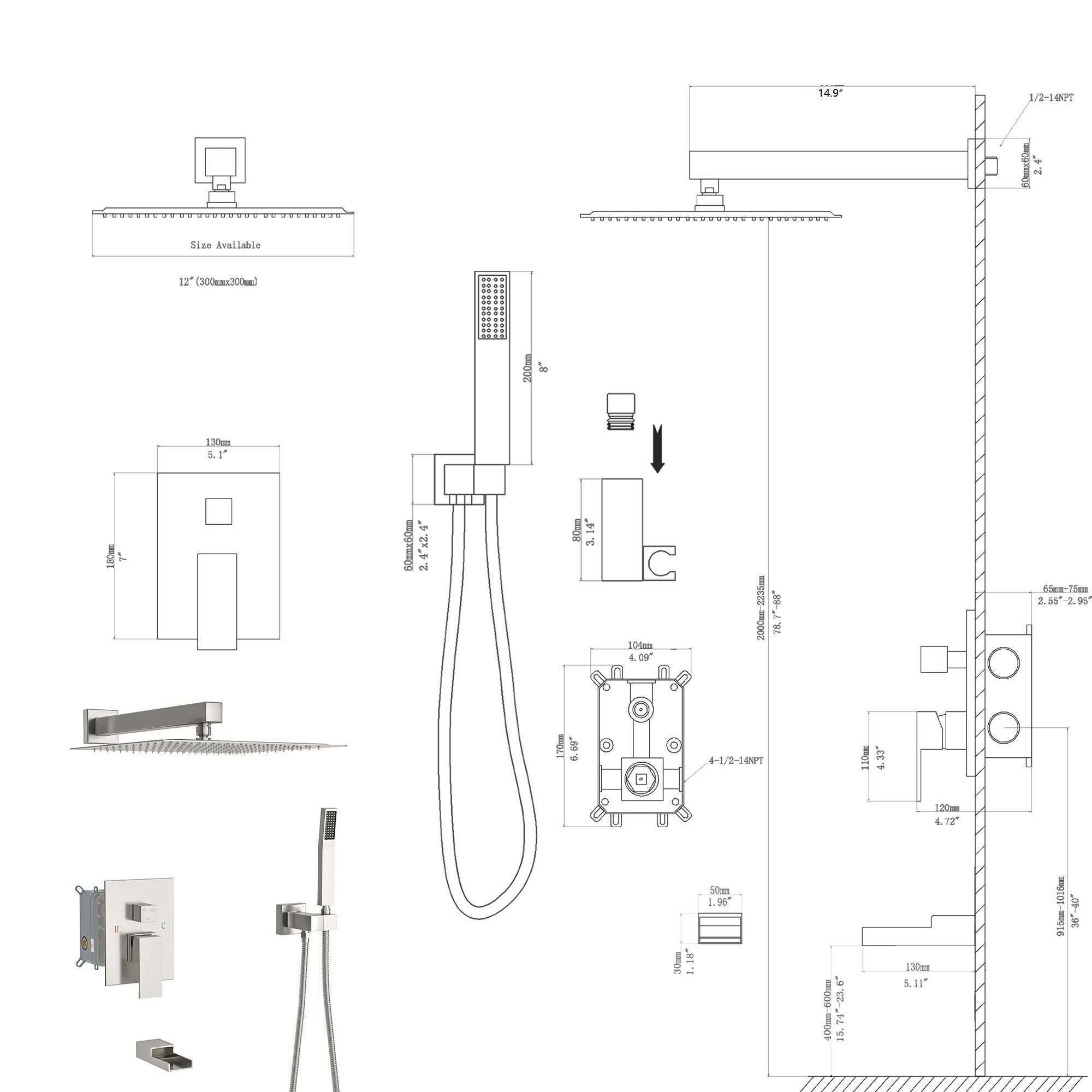 12&quot; Ceiling Mount Square Shower System With Waterfall Tub Spout And Rough In Valve