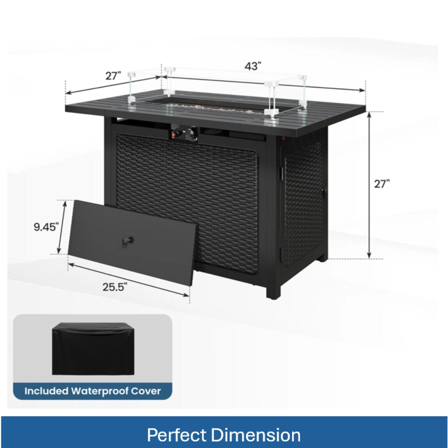 Outdoor 2 In 1 Propane Fire Pit Table With Lid &amp; Glass Shield, Rectangular Fire Table, Lava Rock &amp; Cover - Black