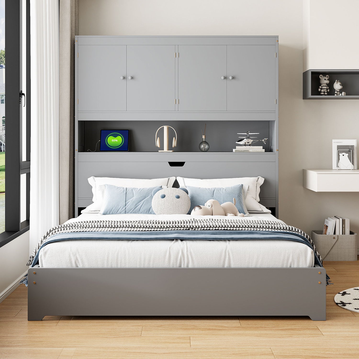 Platform Bed With USB, Storage Headboard &amp; Drawers