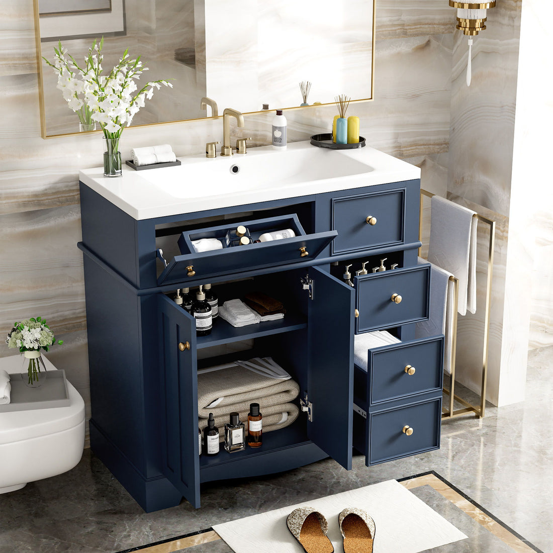 Bathroom Vanity With Resin Sink Combo, Frame Bathroom Storage Cabinet, Freestanding Vanity Set With 3 Drawers &amp; Adjustable Shelf - Blue