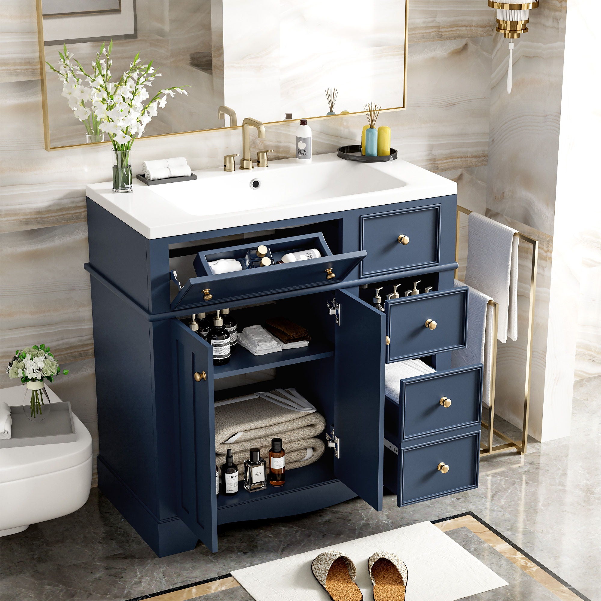 Bathroom Vanity With Resin Sink Combo, Frame Bathroom Storage Cabinet, Freestanding Vanity Set With 3 Drawers &amp; Adjustable Shelf - Blue