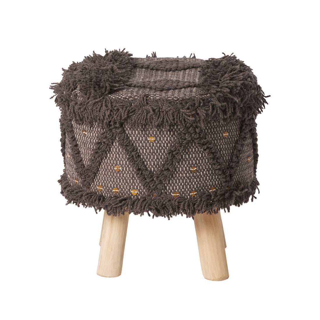 Roja - Handcrafted Wool &amp; Cotton Foot Stool With Eucalyptus Wood Frame - Dark Brown