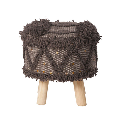 Roja - Handcrafted Wool &amp; Cotton Foot Stool With Eucalyptus Wood Frame - Dark Brown