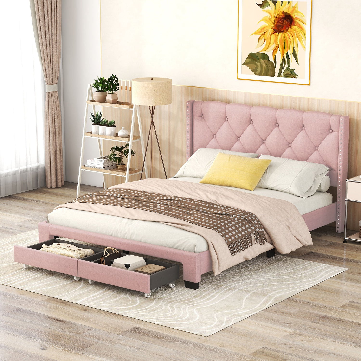 Queen Size Storage Bed Linen Upholstered Platform Bed &amp; Two Drawers - Pink
