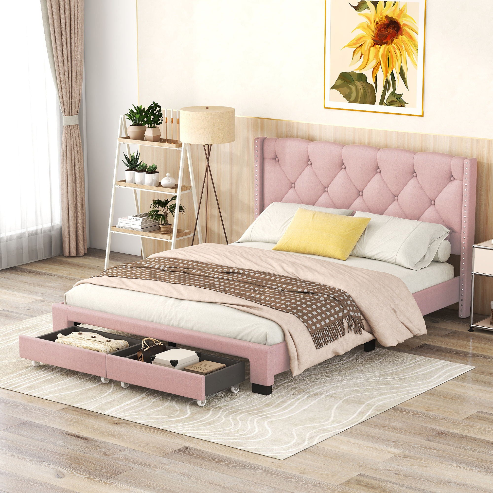 Queen Size Storage Bed Linen Upholstered Platform Bed &amp; Two Drawers - Pink