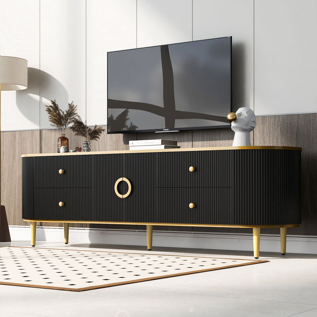 Modern TV Stand For TVs Up To 80&quot;, Entertainment Center With 4 Drawers And 1 Cabinet, Wood TV Console Table With Metal Legs And Handles For Living Room