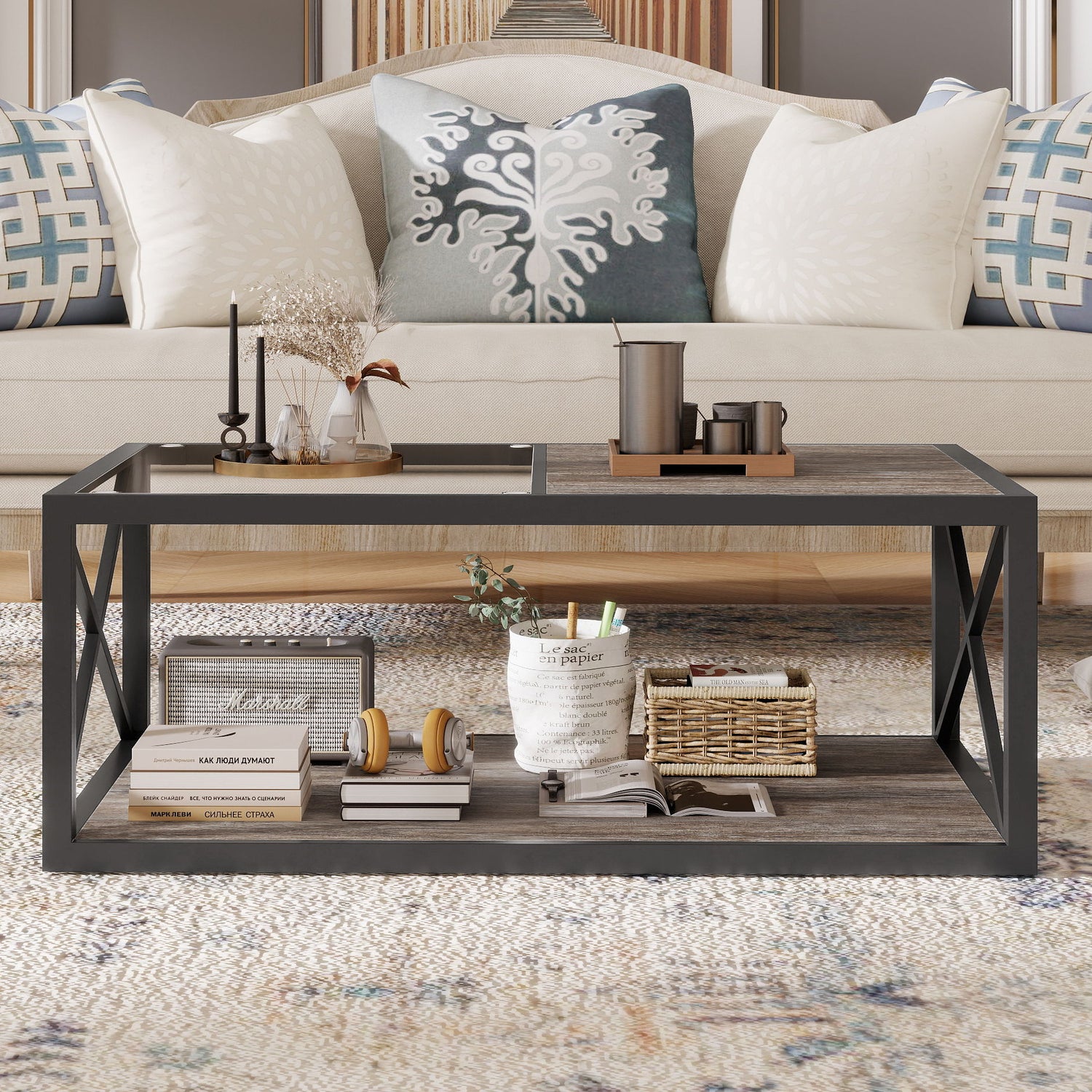 Industrial Style Coffee Table For Bedroom &amp; Living Room With Tempered Glass &amp; Wood Grain - Wood