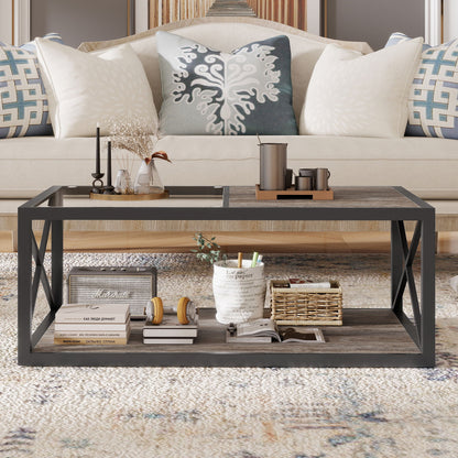 Industrial Style Coffee Table For Bedroom &amp; Living Room With Tempered Glass &amp; Wood Grain - Wood