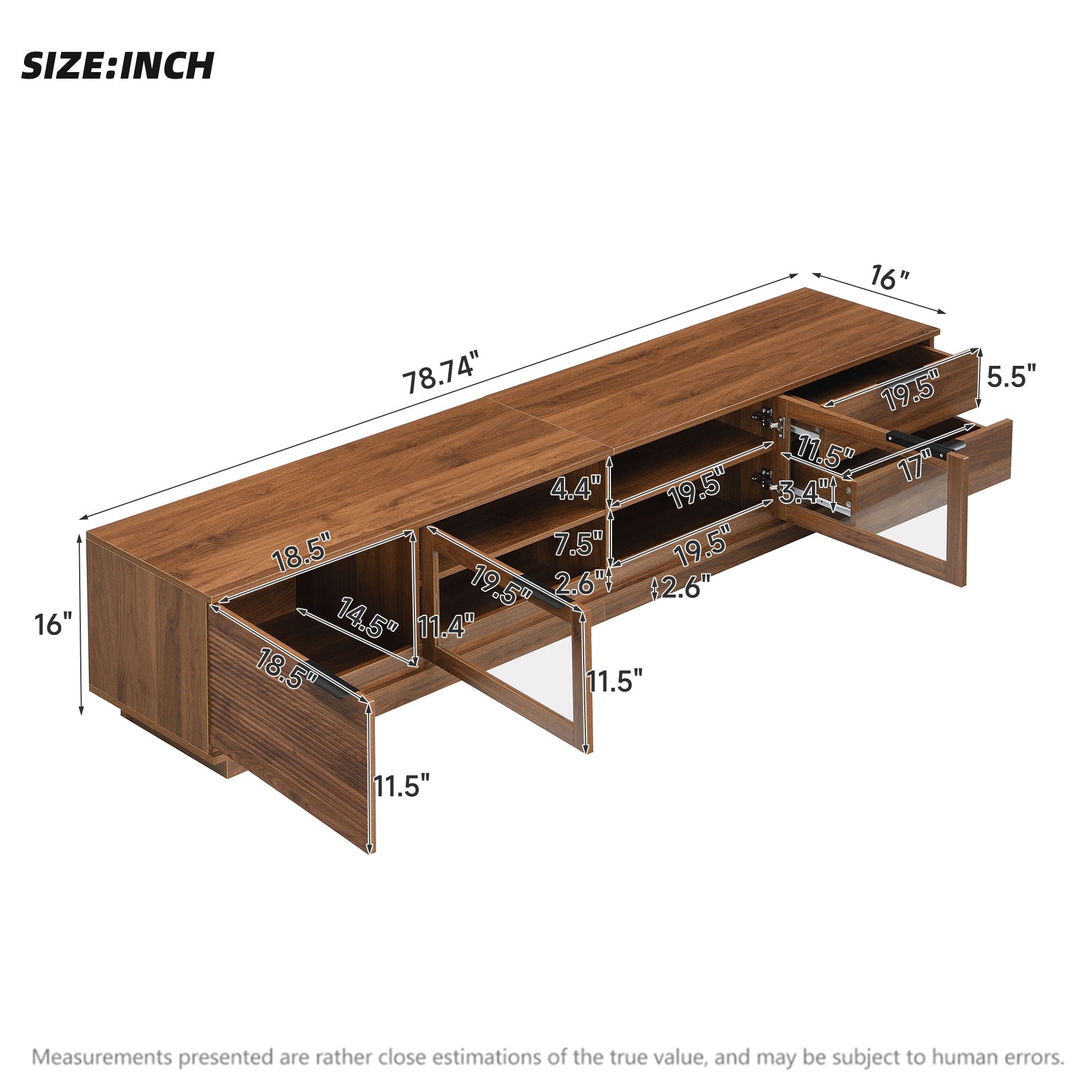 TV Stand With 2 Drawers, Doors &amp; Cable Management, Soft Closing Hinges - Walnut