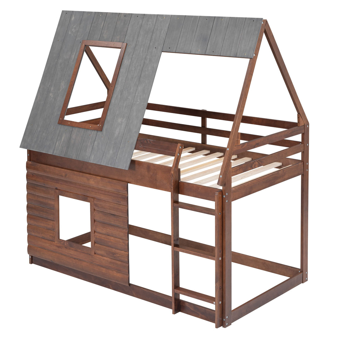 Wood Twin Size House Bunk Bed With Roof, Ladder And 2 Windows - Oak &amp; Smoky Gray