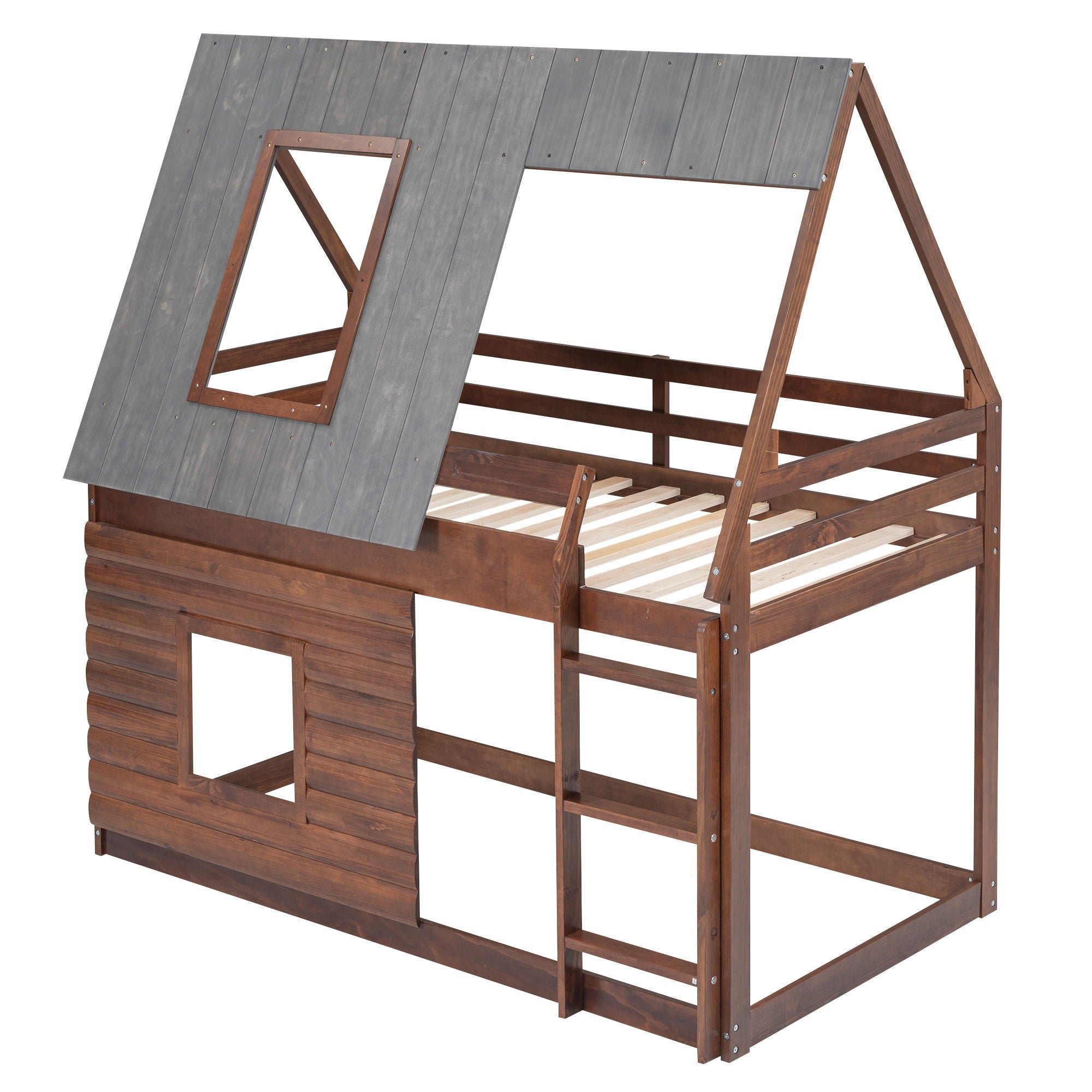 Wood Twin Size House Bunk Bed With Roof, Ladder And 2 Windows - Oak &amp; Smoky Gray