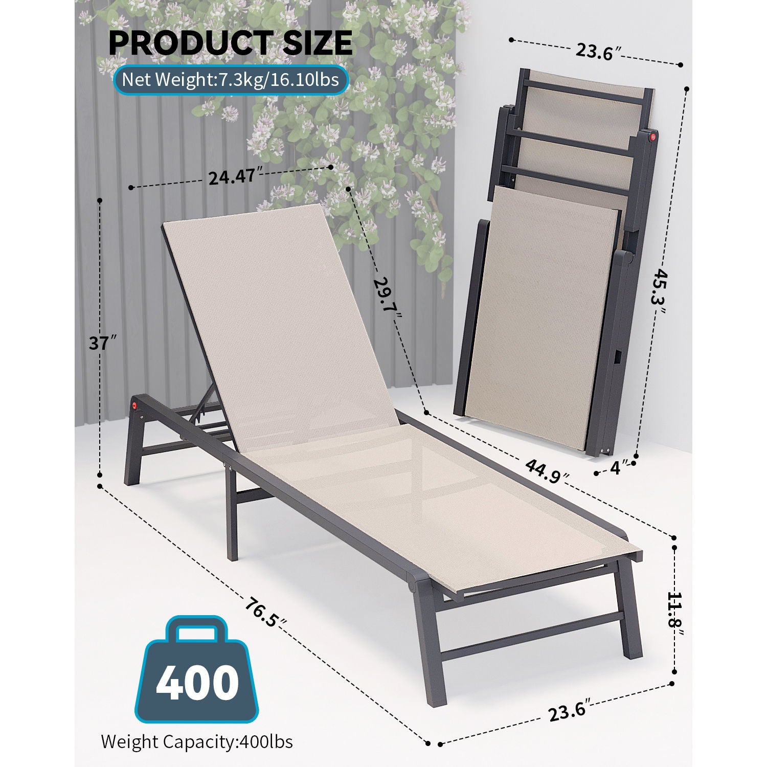 Outdoor Chaise Lounge &amp; Adjustable Backrest (Set of 2) - Beige