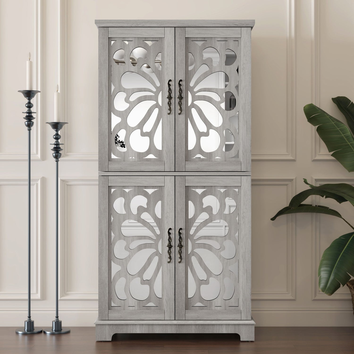 Modern Sideboard Buffet With 4 Mirrored Doors, Adjustable Shelves