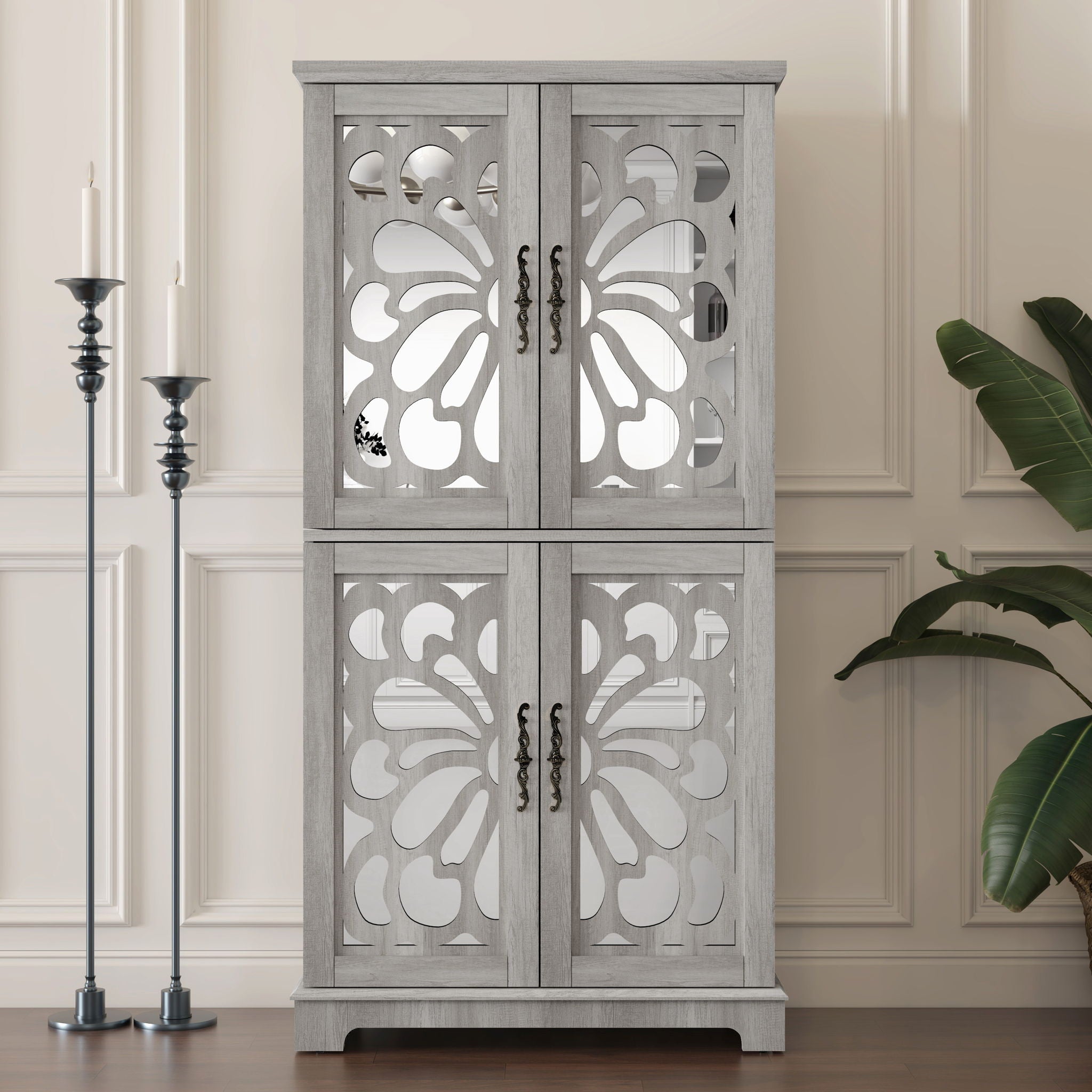 Modern Sideboard Buffet With 4 Mirrored Doors, Adjustable Shelves