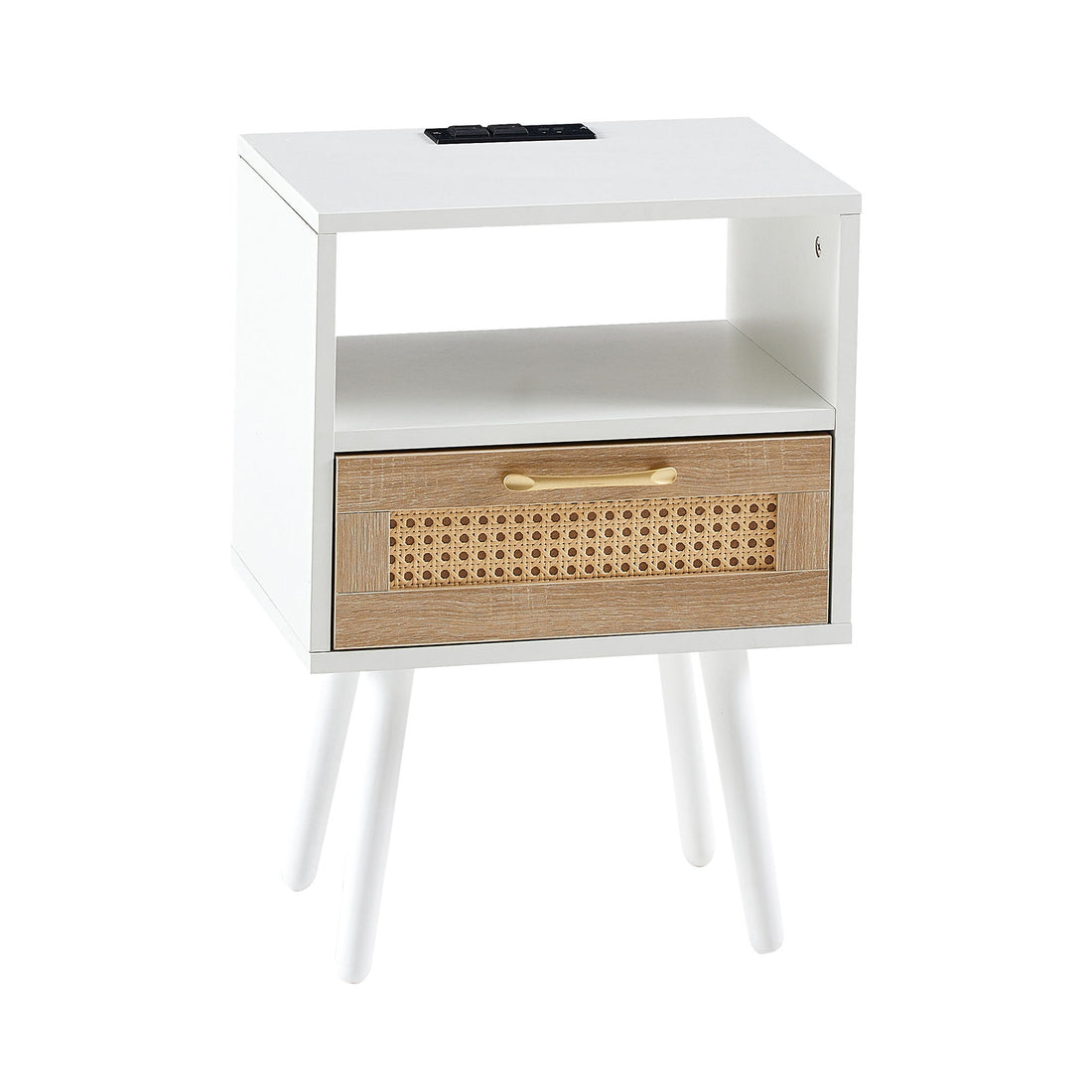 15.75&quot; Rattan End Table With Power Outlet &amp; USB Ports, Modern Nightstand With Drawer And Solid Wood Legs, Side Table For Living Room, Bedroom