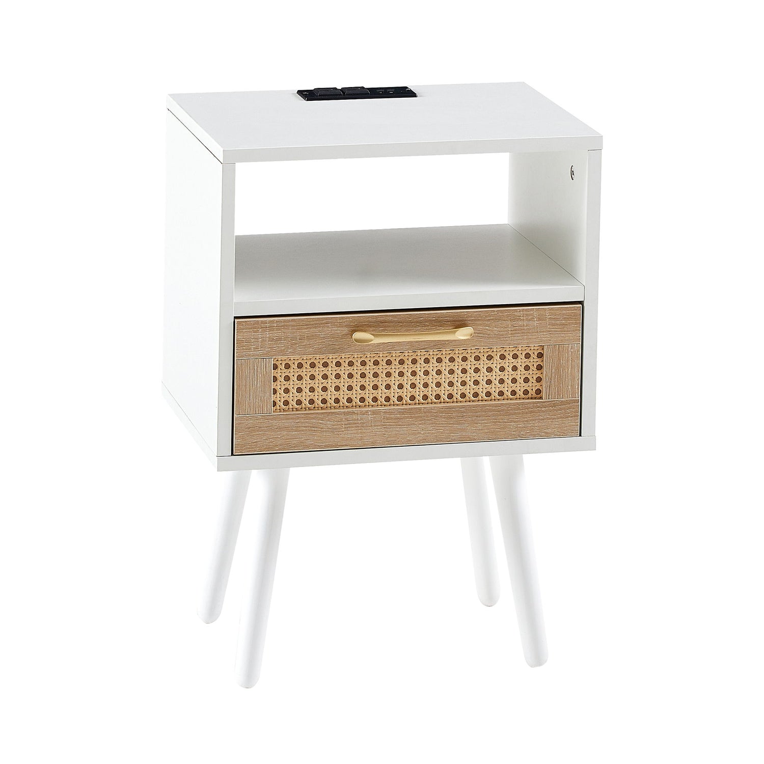15.75&quot; Rattan End Table With Power Outlet &amp; USB Ports, Modern Nightstand With Drawer And Solid Wood Legs, Side Table For Living Room, Bedroom