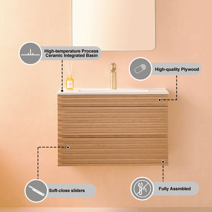 Wall Mounted &amp; Floating Single Vanity With Ceramic Sink - Natural Walnut